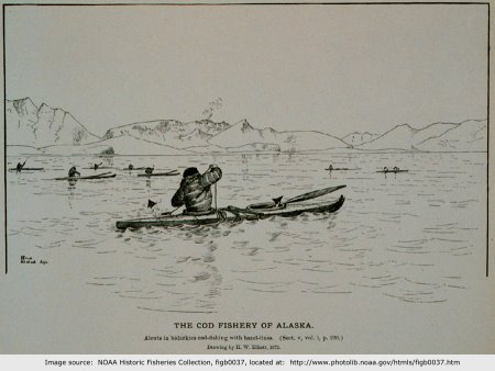 Aleuts fishing Cod from kayaks in Alaska, 1872.