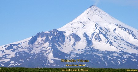 Shishaldin Volcano seen from west, Unimak Island, Alaska
