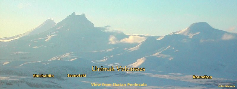 Volcanoes of Unimak as seen from Ikatan Peninsula